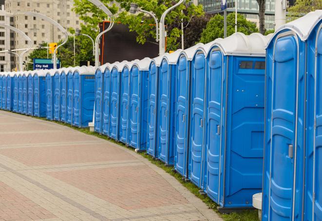 a fleet of portable restrooms ready for use at a large outdoor wedding or celebration in Brooklyn MD